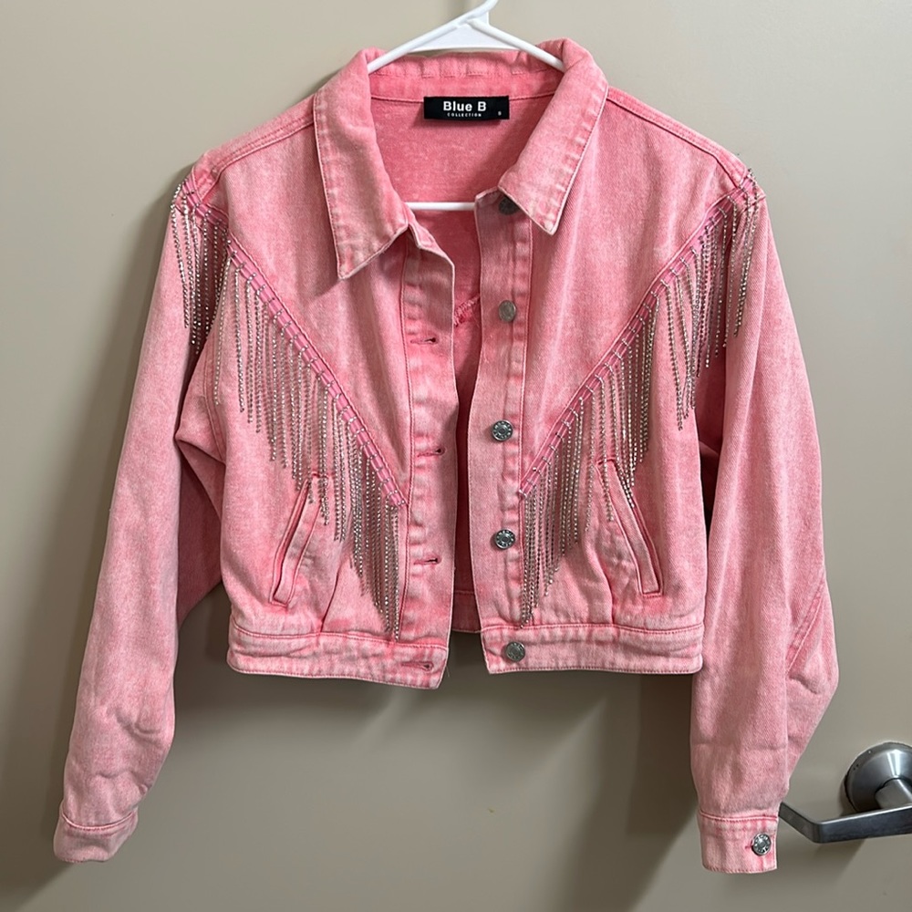 Pink denim jacket with sparkle fringes. Blue B. Size s. - Picture 1 of 2